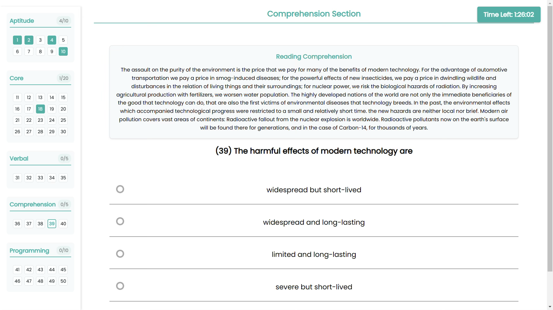 FORESE aptitude mock placement test with section navigation, timer, and reading comprehension question